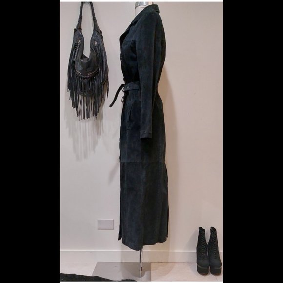 🍂HOST PICK🍁💋STUNNING BOHO CHIC💋 VTG 70s Genuine Leather Maxi Trench in Black - Picture 4 of 15